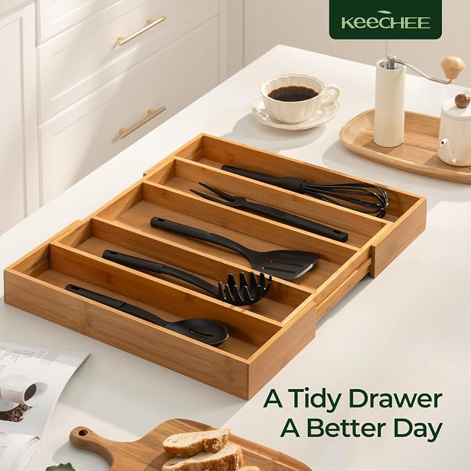 Carbonized Bamboo Kitchen Drawer Organizer, 5 Slots Expandable Silverware - Image 9