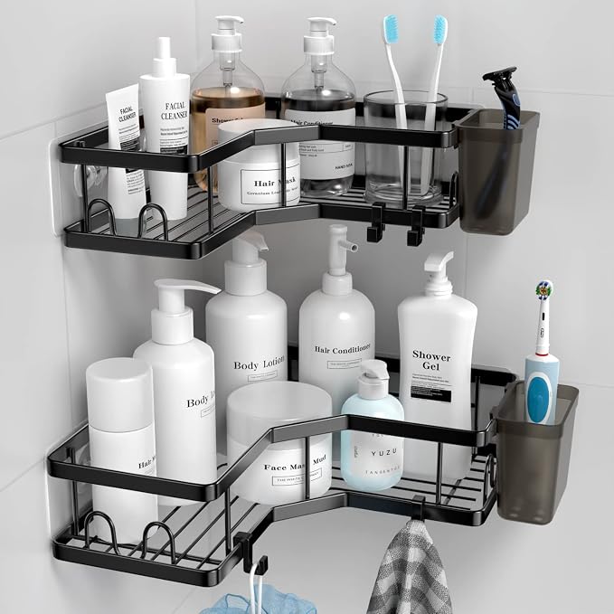 Corner Shower Caddy, 2 Pack Adhesive Shower Corner Organizer Shelves, No by AKTECKE
