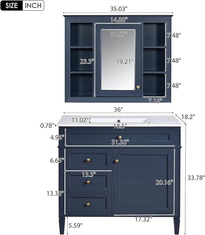 36" Bathroom Vanity with Matching Medicine Cabinet, Modern Sink Storage Cabinet - Image 2