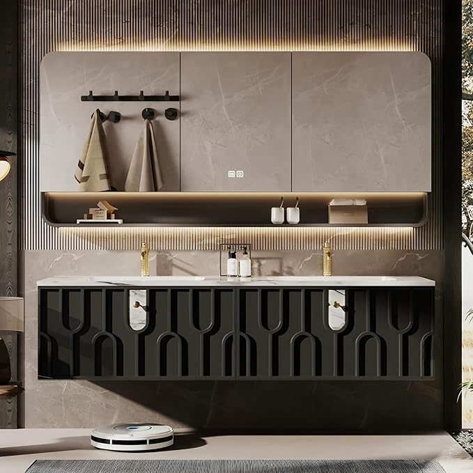 Double Sink Bathroom Vanity 68Inch, Modern Floating Vanity Set by LUTHXAY