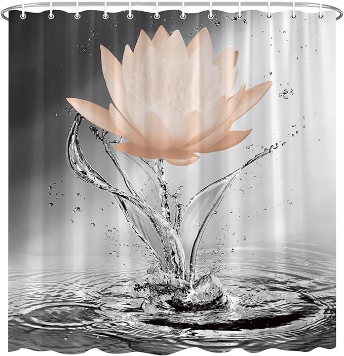 Lotus Shower Curtain Black White Grey Orange Flower Elegant Blooming Floral - Image 2