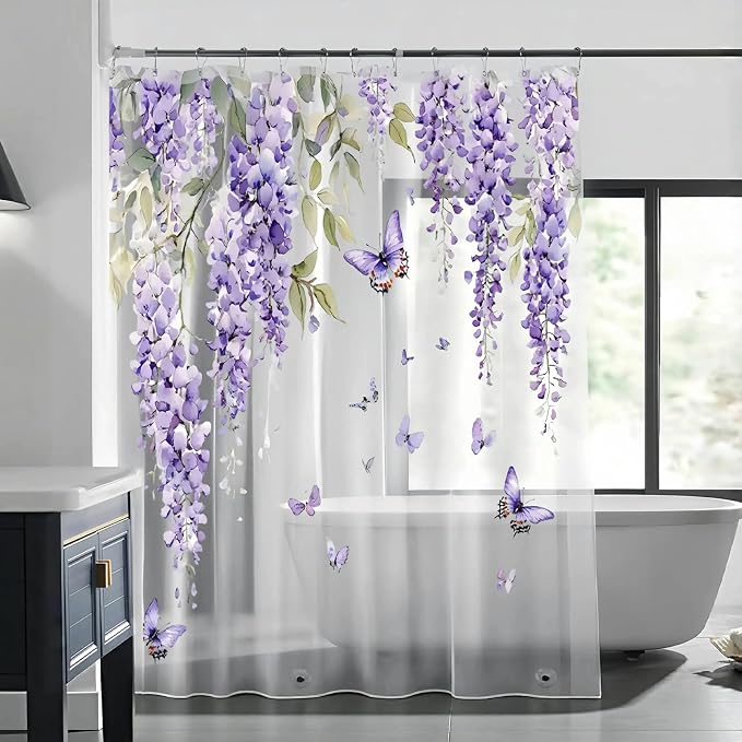 Clear Purple Floral Lavender Butterfly Shower Curtain, Plastic Transparent Cute - Image 3
