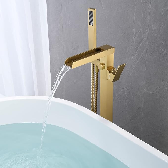 Freestanding Bathtub Faucet Brushed Gold Waterfall Tub Filler Floor Mount Brass - Image 5