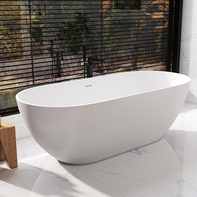 63 Inch Solid Surface Freestanding Bathtub, Oval Shaped Soaking Stone Resin by Zevemomo
