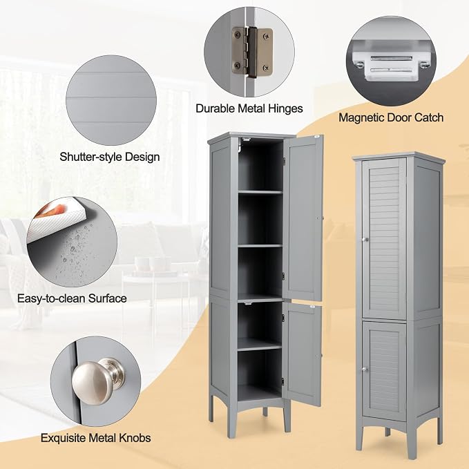 COSTWAY Tall Bathroom Storage Cabinet, 5-Tier Freestanding Linen Tower Cabinet - Image 7