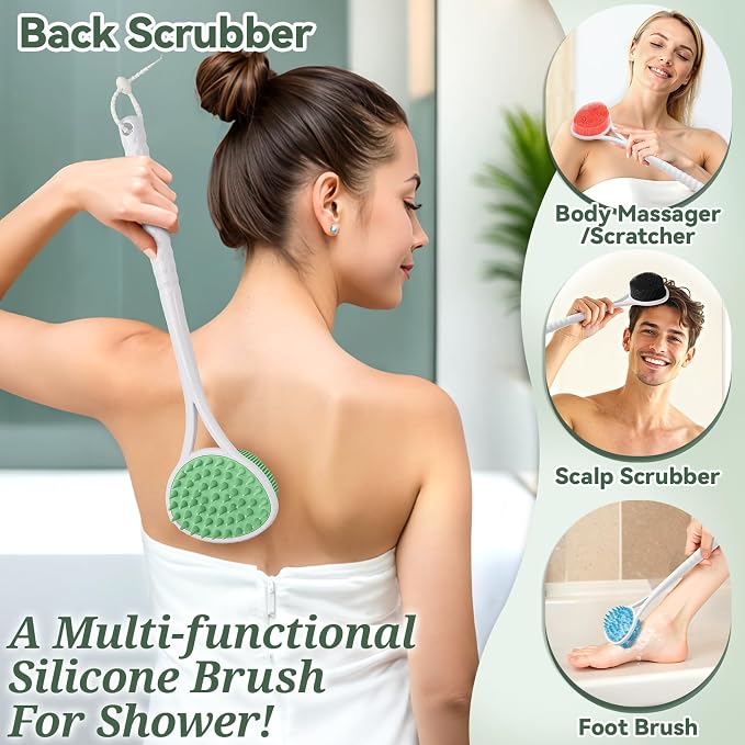 Silicone Back Body Face Scrubbers Set 4PCS, 15.35’’ Back Scrubber Soft Body - Image 7