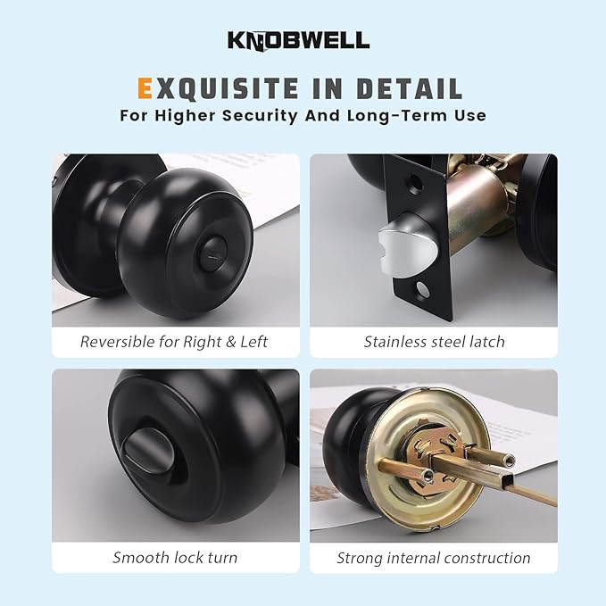 KNOBWELL 3 Pack Keyless Privacy Door Knobs, Matte Black Door Knobs Interior - Image 6