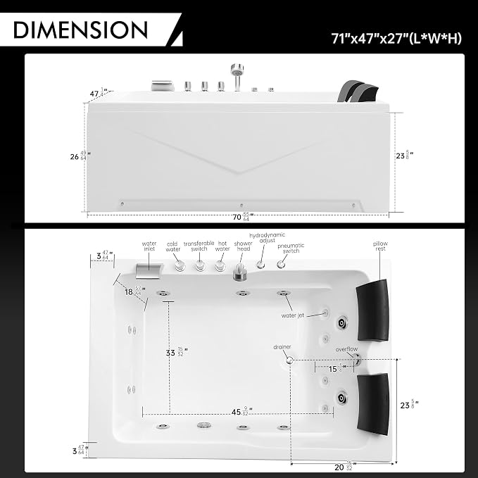 Empava 71" two Person Acrylic Whirlpool Bathtub - Image 5