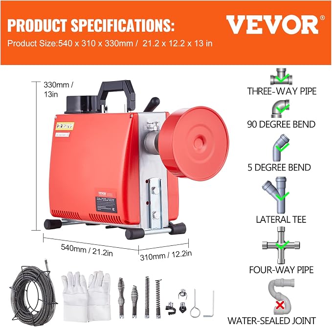 VEVOR 66FT x 5/8 Inch Drain Cleaner Machine, 250W Electric Sewer Snake Auger - Image 7