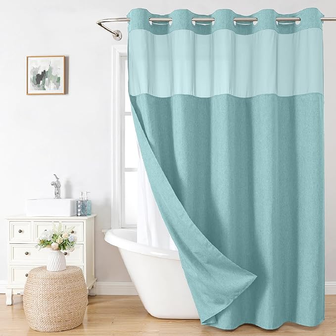 Extra Long No Hooks Needed Linen Textured Shower Curtain by EACHOPE