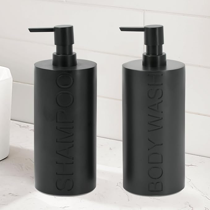 2-Pack Matte Black Resin Refillable Shampoo & Body Wash Bottles – Modern - Image 3