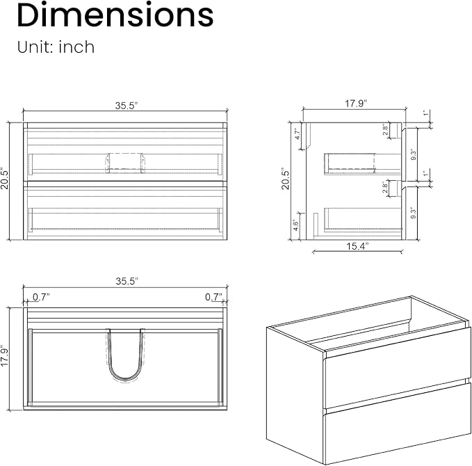 36" Bathroom Vanity with Sink, Modern Floating Vanity with Double Soft-Closing - Image 9