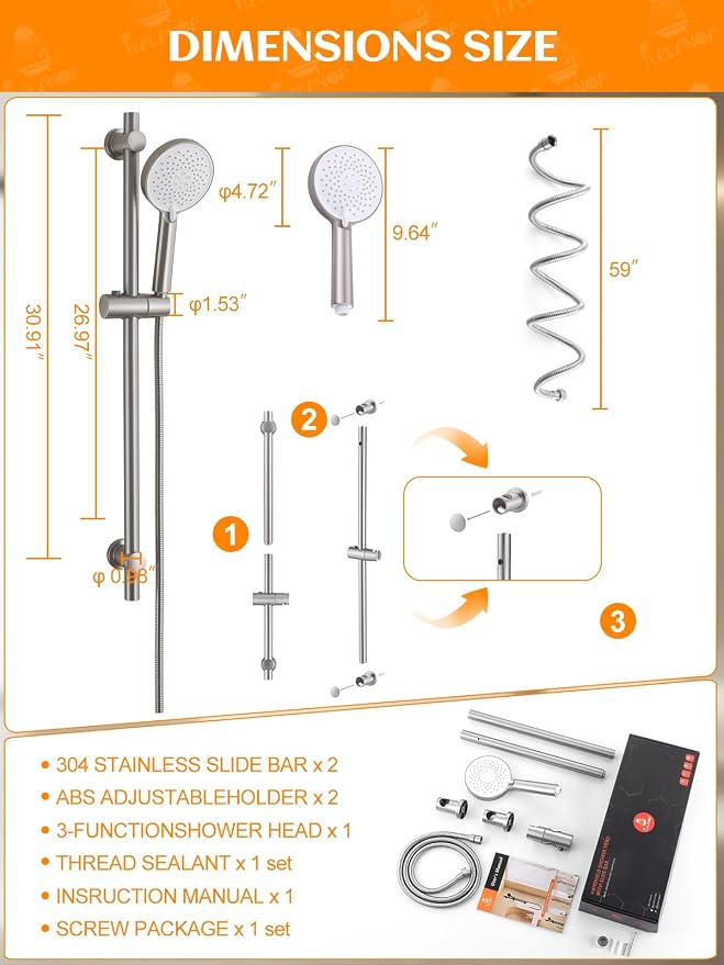 Handheld Shower Head with Slide Bar, 2.5GPM High Pressure 3-Function Adjustable - Image 4