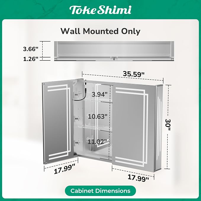 TokeShimi 36 x 30 LED Mirrored Medicine Cabinet - Image 2