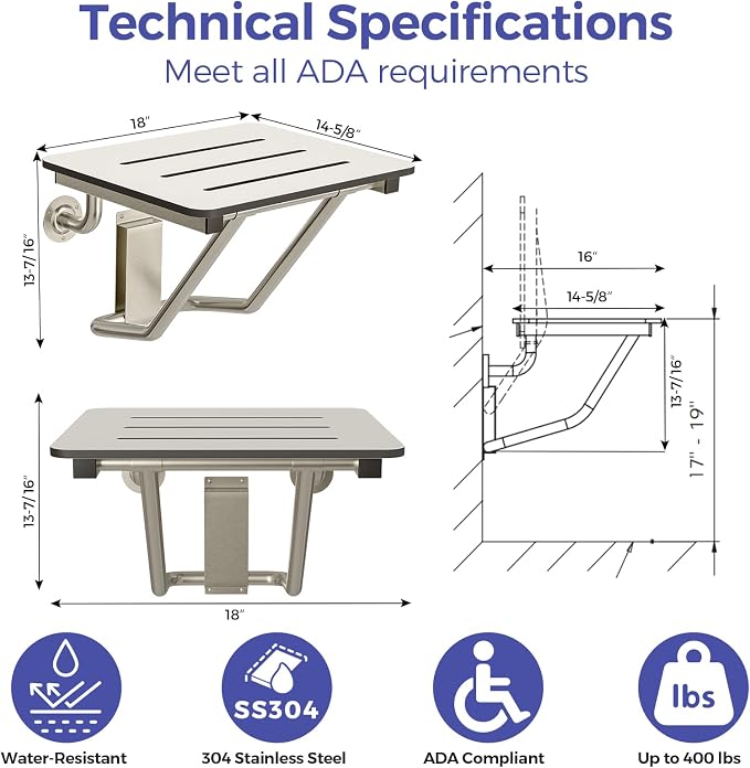 18" x 16" ADA Compliant Phenolic White Folding Shower Seat Bench, Wall Mount - Image 6