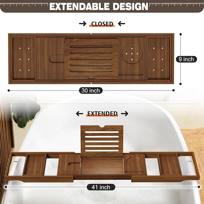 Wooden Bathtub Tray for Luxury Bathroom, Expandable Premium Teak Bath Tray - Image 2