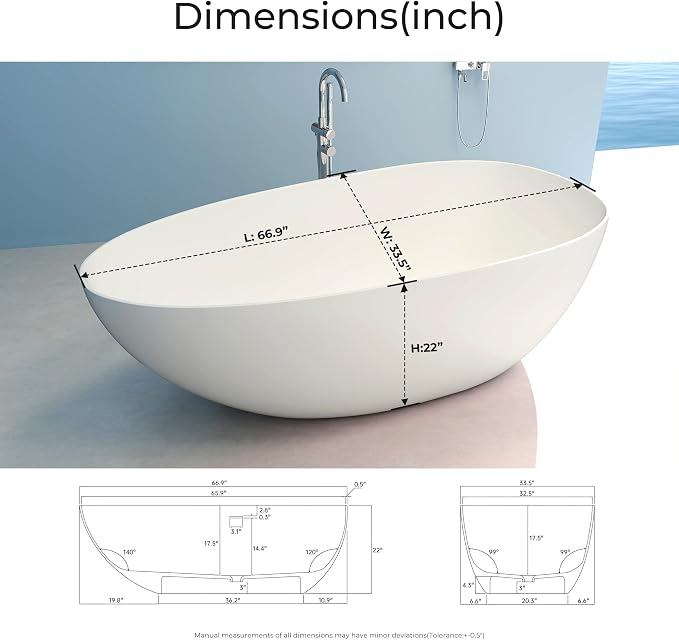 Premium 67'' Solid Surface Freestanding Bathtub, Upgraded Oval Shape Stone - Image 3