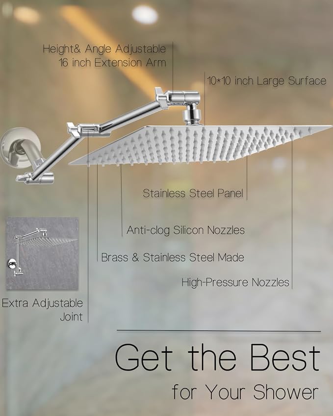 All Metal Rain Shower Head, Brass Adjustable Shower Arm Extender, Waterfall - Image 6
