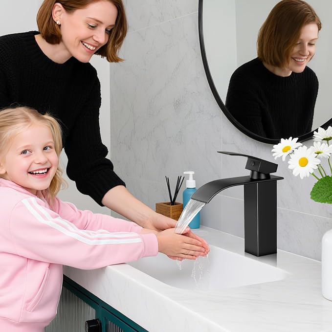 Bathroom Faucets Matte Black Waterfall Bathroom Sink Faucet Modern Single - Image 6