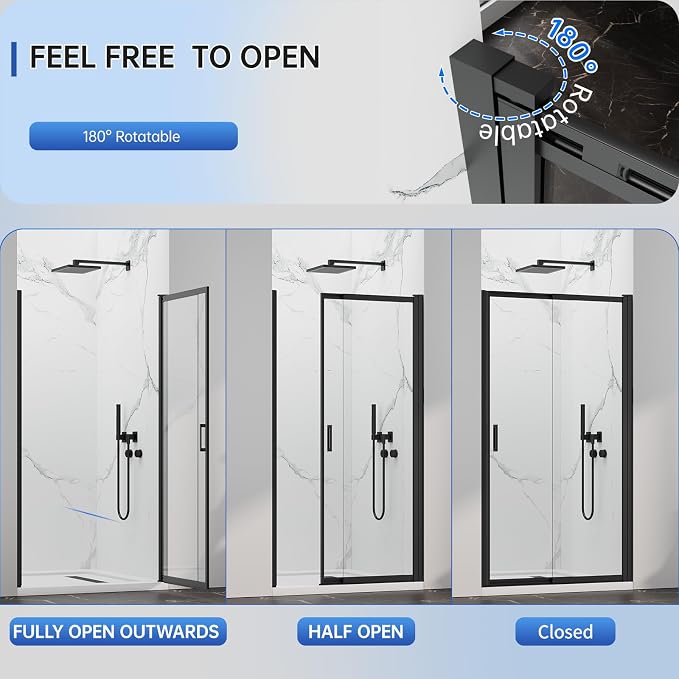 34-37" W x 72" H Pivot Swing Glass Shower Doors, 180° Rotating Retractable - Image 4