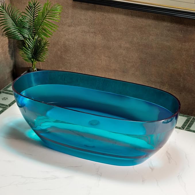 WOODBRIDGE 63" L x 28-3/8" W Transparent Blue Stone Resin Freestanding Soaking - Image 12