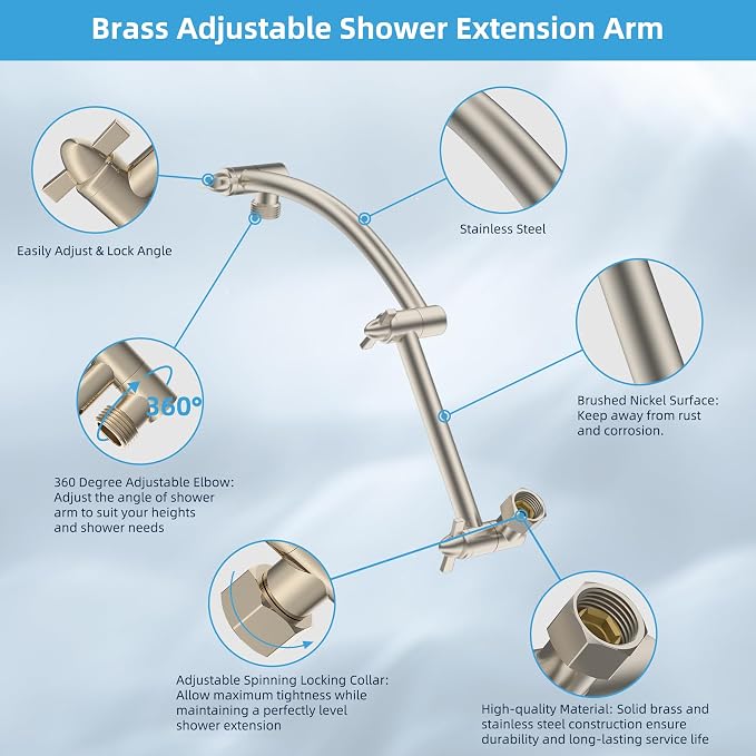 Hibbent All Metal Rain Shower Head, Solid Brass Adjustable Shower Arm Extender - Image 3