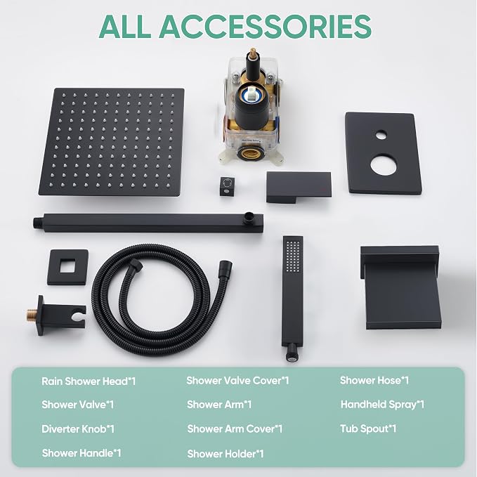 Black Shower System with Tub Spout, All Metal Tub Shower Faucet Set with 10" - Image 9
