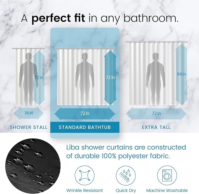 LiBa Black Shower Curtain, Heavy Duty Fabric, Soft Cloth Shower Curtain Liner - Image 4