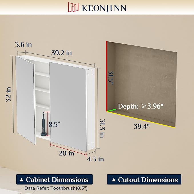 Keonjinn 40 x 32 Inch Large Medicine Cabinet Mirror, Assembly Required - Image 2