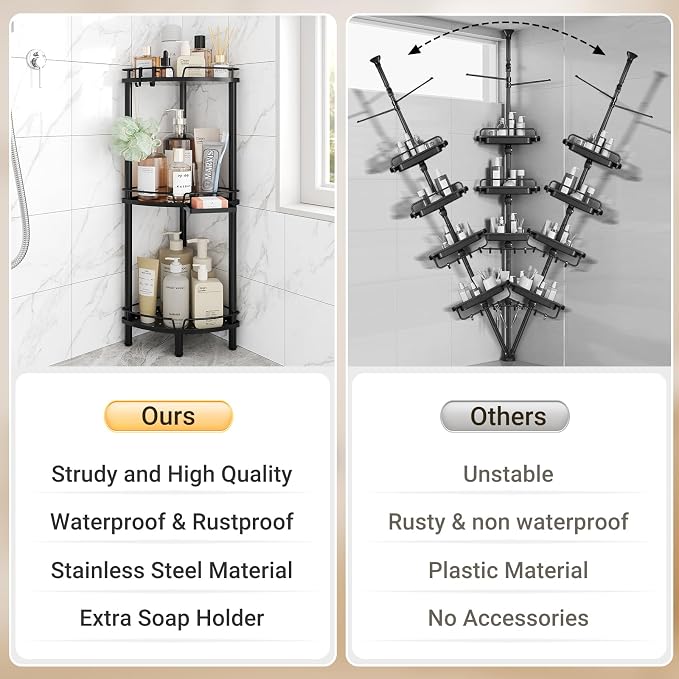 ELYKEN Corner Shower Caddy Standing, 3 Tier Rustproof Metal Shower Organizer - Image 7