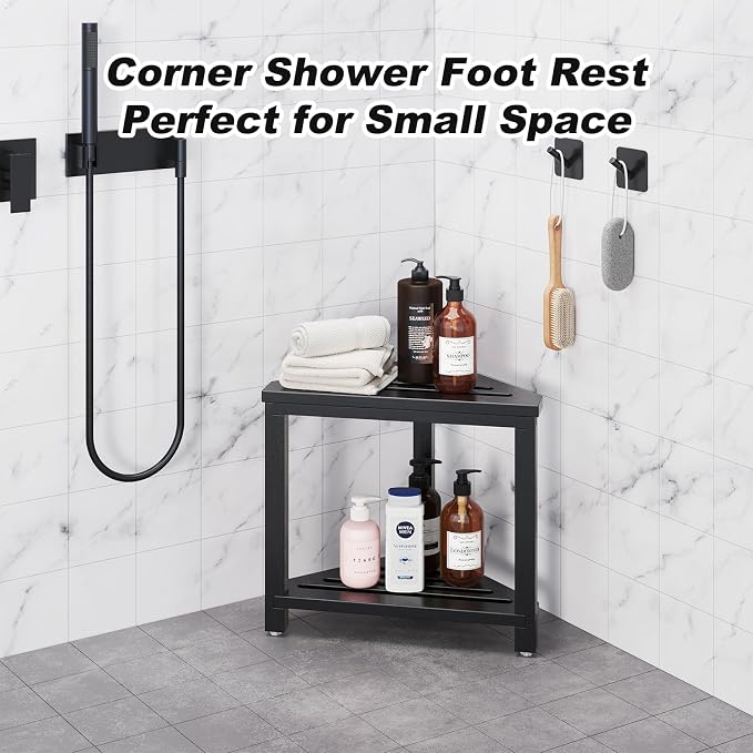 14" Acacia Wood Corner Shower Stool, Shower Foot Rest - Image 4