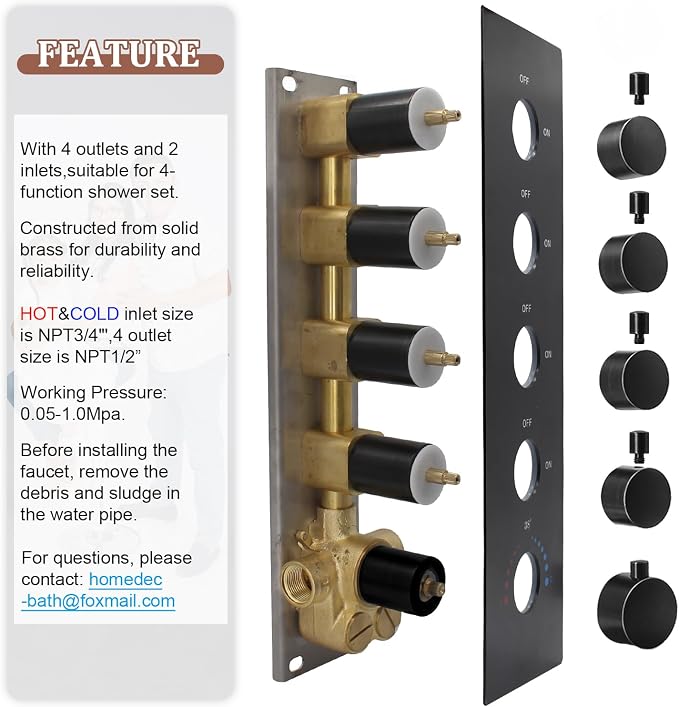 HOMEDEC Black 4-Function Shower Diverter Valve, 4 Ways Thermostatic Brass Mixer - Image 5
