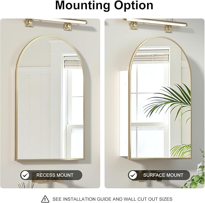 Recessed Medicine Cabinet with Mirror, Brushed Gold Arched Medicine Cabinets - Image 3