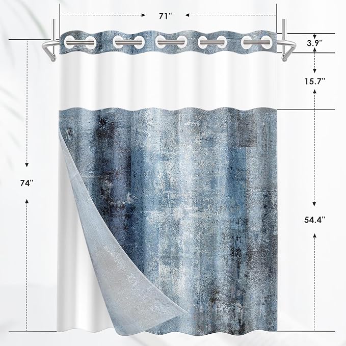 No Hook Grey Navy Blue Painting Shower Curtain - Image 2