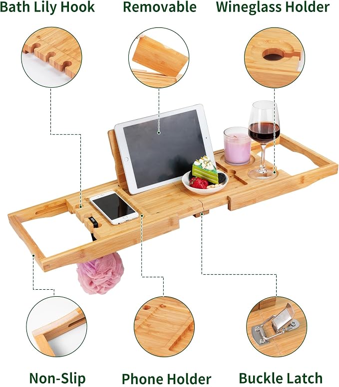 Utoplike Bamboo Bathtub Caddy Tray Bath Tray - Image 6