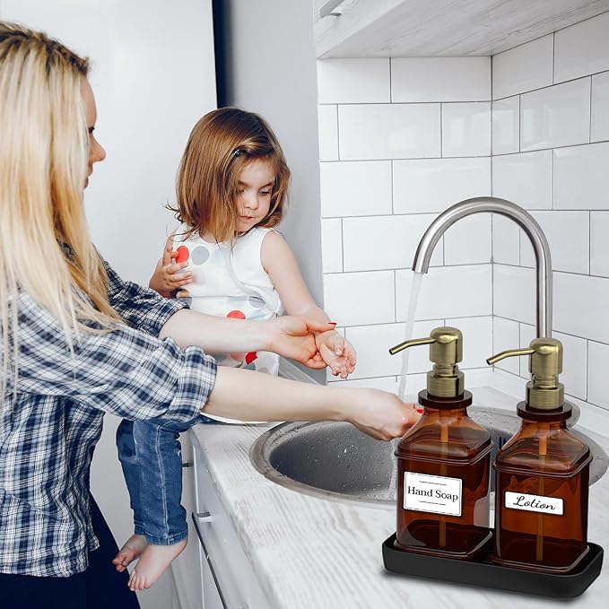 Soap Dispenser - 2 Pack, Antique Design Thick Amber Glass Hand Soap Dispensers - Image 7