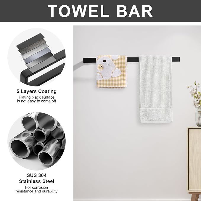 YACVCL 4-Piece Matte Black Bathroom Hardware Accessories Set, Bath Towel Bar - Image 3