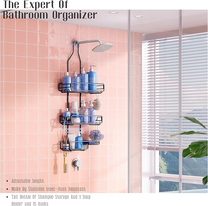 Shower Caddy Hanging Bathroom Organizer: Over Head Adjustable Rack - Image 3