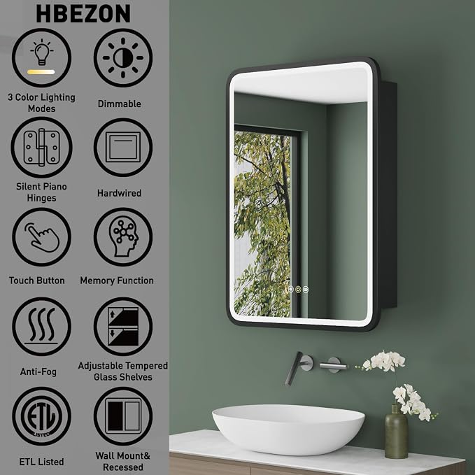 Medicine Cabinet with LED Lights and Mirror, 16 x 28 Inch Wall or Recessed - Image 3