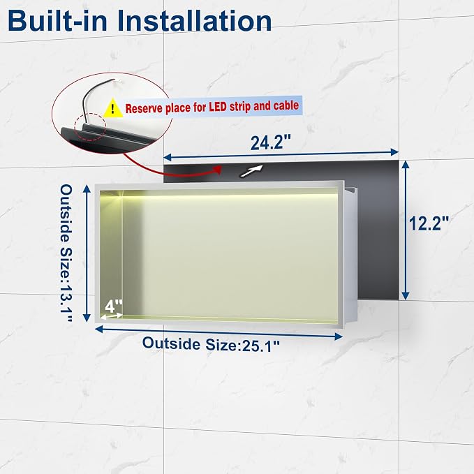 RGB LED Light Shower Niche, Brushed 24X12 in Stainless Steel Wall Cabinet - Image 3