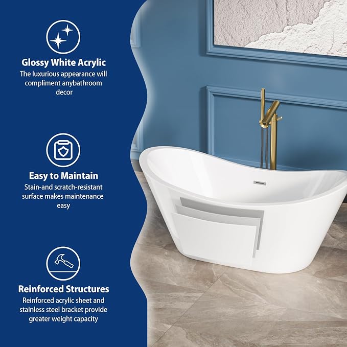 Sarlai 59 Inch Acrylic Freestanding Soaking Bathtub Contemporary Soaking White - Image 5