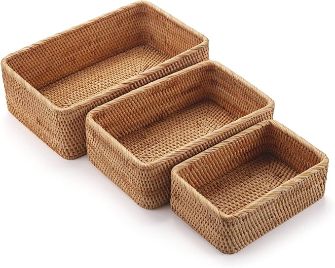 Natural Rattan Fruit Storage Baskets Rectangular Woven Wicker Box by DECRAFTS