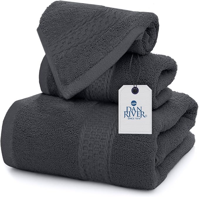 DAN RIVER 100% Ring Spun Cotton 3-Piece Towel Set, Dark Gray, Bath Towel by DanRiver