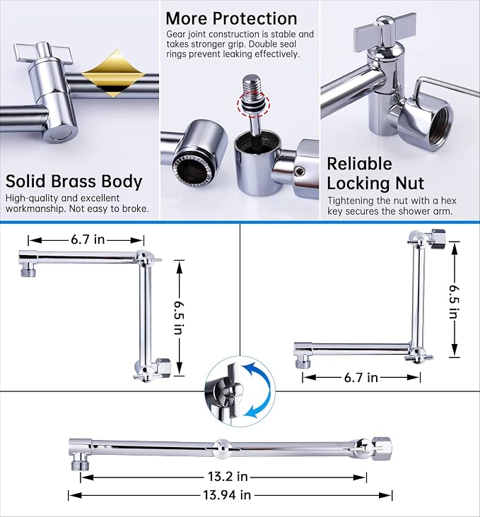 G-Promise 13 Inch Shower Head Extension Arm, Solid Brass Height & Angle - Image 3