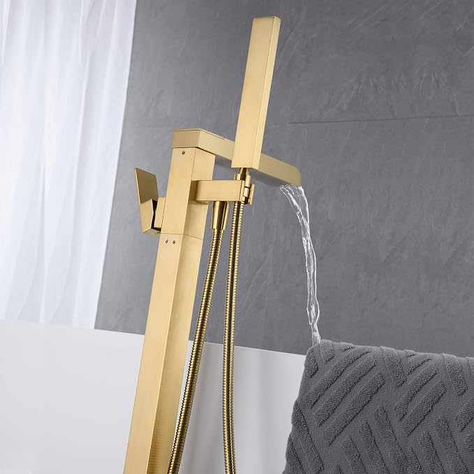 Freestanding Bathtub Faucet Brushed Gold Waterfall Tub Filler Floor Mount Brass - Image 4