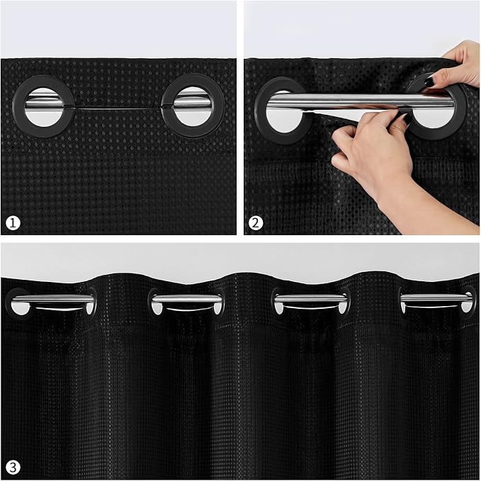 MitoVilla Black Waffle Long Shower Curtain Liner Set 72 x 80, No Hooks Required - Image 4