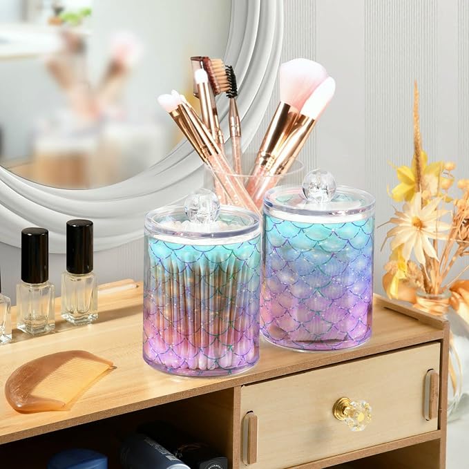 MNSRUU 2 Pack Qtip Holder Organizer Dispenser Pink Blue Mermaid Scales Bathroom - Image 6