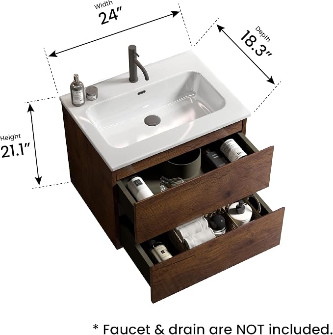 24" Bathroom Vanity with Sink, Modern Floating Vanity with Double Soft Closing - Image 2