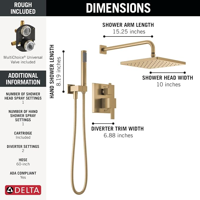 Delta Modern 14 Series Square Rain Shower System Faucet Set, Rainfall Brushed - Image 3
