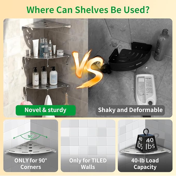 XIHLZYEH Corner Shower Shelves, 3 Pack 304 Stainless Steel Shower Shelf - Image 6